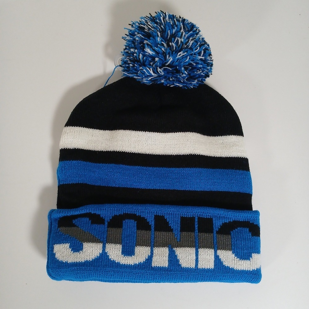 Sonic the Hedgehog Beanie Hat Blue Black Striped Pom Pom Sega RT241169 NWT
